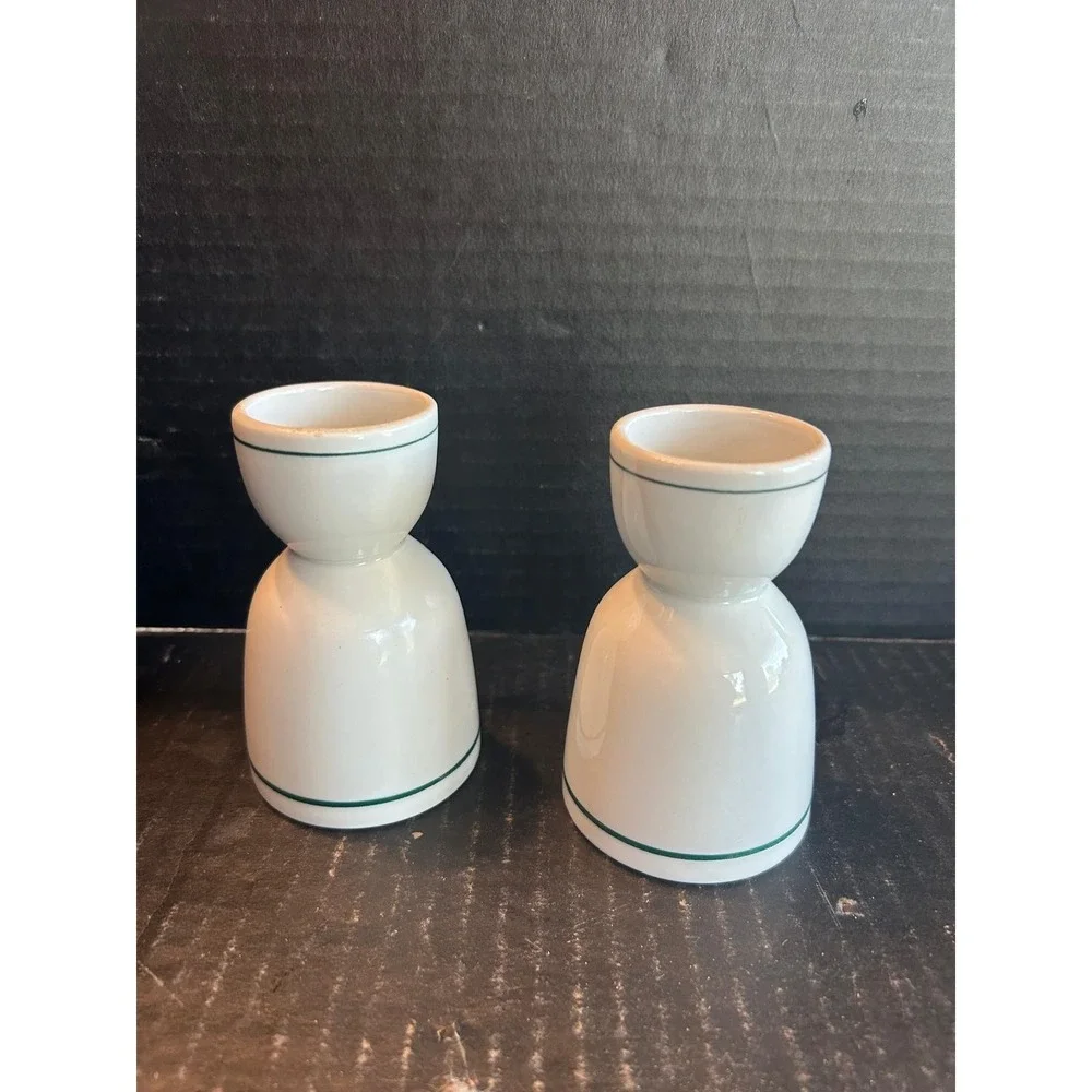 Vintage Ironstone Restaurant Ware China Green Stripe Double Egg Cup Set Of 2